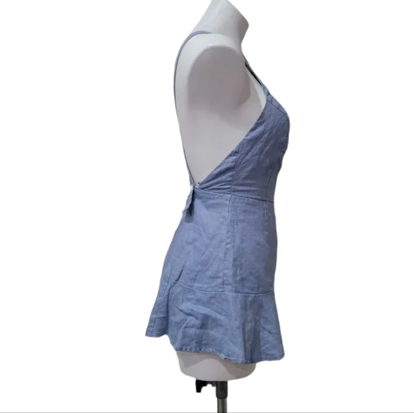 Light Wash Criss Cross Open Back Romper (Size S) Linen Flare Short Shorts - Picture 3 of 10